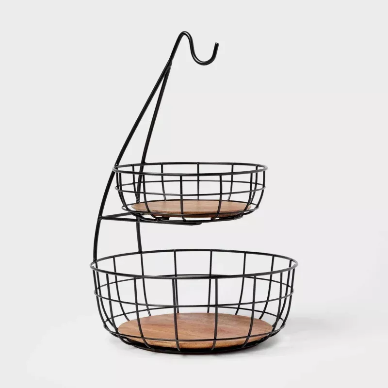 2-Tier Fruit Basket with Banana Hanger - Black