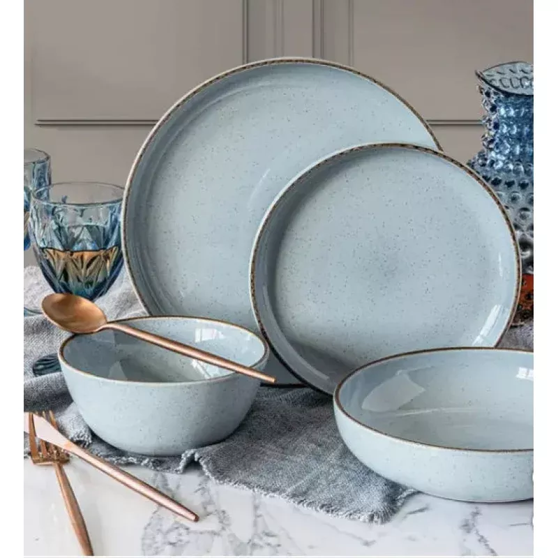 Blue Linen Round Stoneware 16-Piece Dinnerware Set