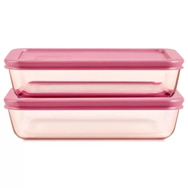 Glass Lidded Rectangle Storage Set - Pink