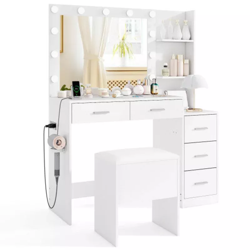 Makeup Table and Stool Set With Hair Dryer Stand-White