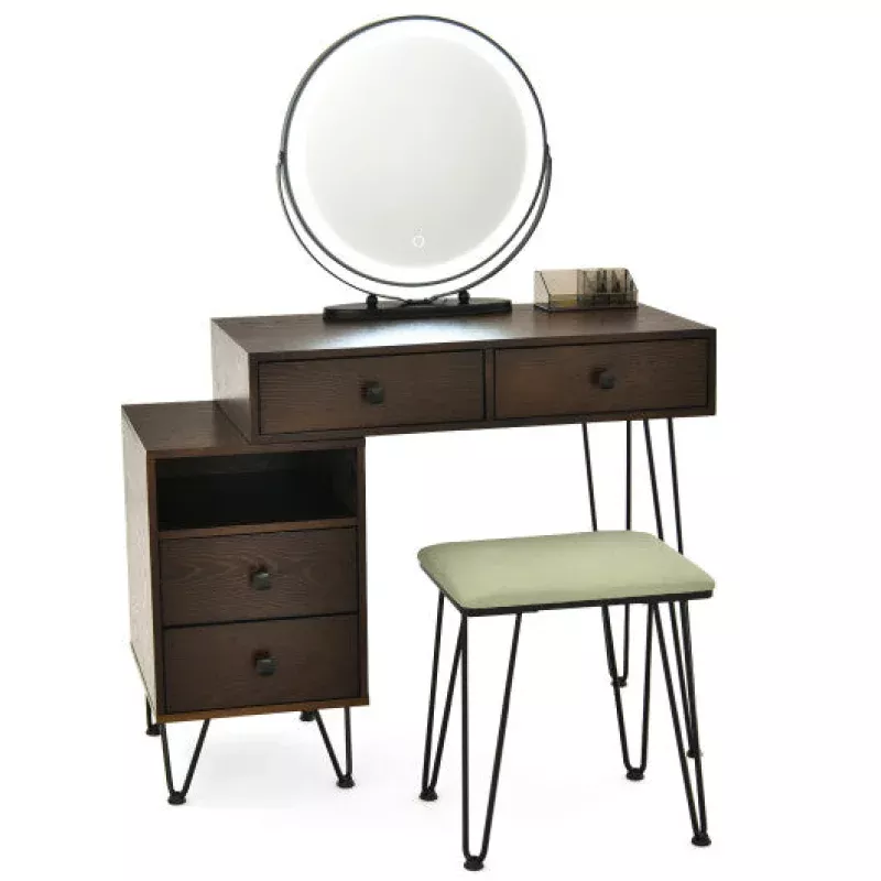 Vanity Set Modern Dressing Table With Mirror and Lipstick Storage Box-Brown