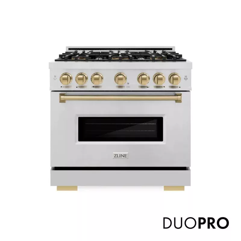 ZLINE PCDRZ36CB Autograph Edition 36 In. 5.2 Cu. Ft. Classic Dual Fuel Range With 6 Burner Duopro Cooktop And Electric Convection Oven In Stainless Steel And Champagne Bronze Accents