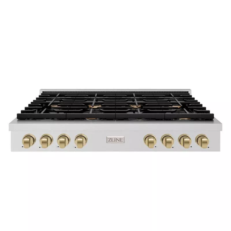 ZLINE SRTZ48CB Autograph Edition 48 In. Paramount Gas Rangetop With 8 Burners And Porcelain Cooktop In Stainless Steel With Champagne Bronze Accents